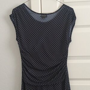 EnFocus Polka Dot Navy Midi Dress Ruched Sides Size 8
